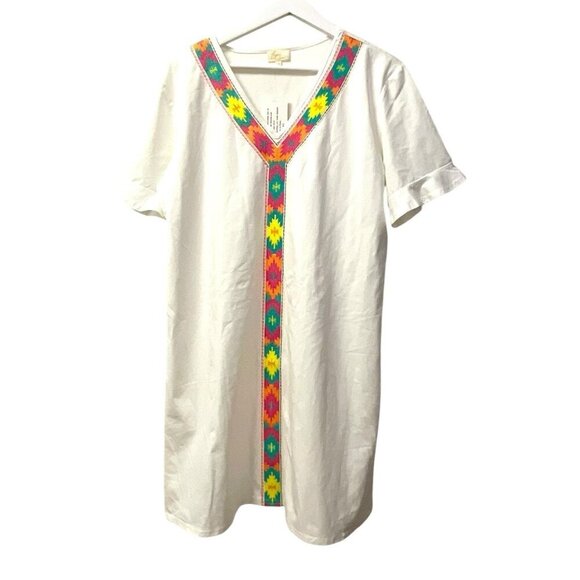 Layerz Shift Dress White Colorful Embroidered Southwestern Oversized S/S Size S - Picture 5 of 15